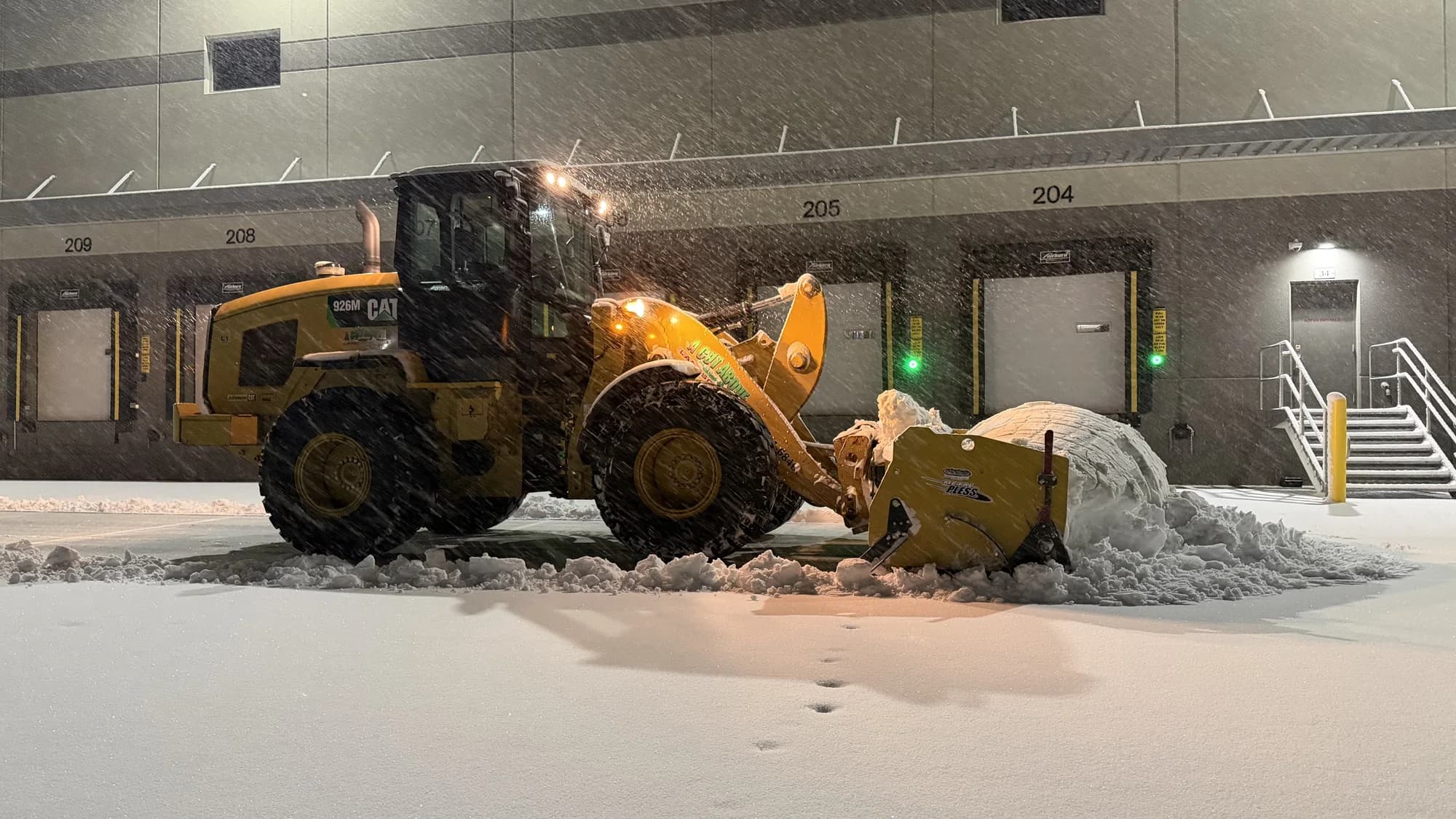 Wheel loader with a snow pusher clearing a warehouse loading-dock area at night